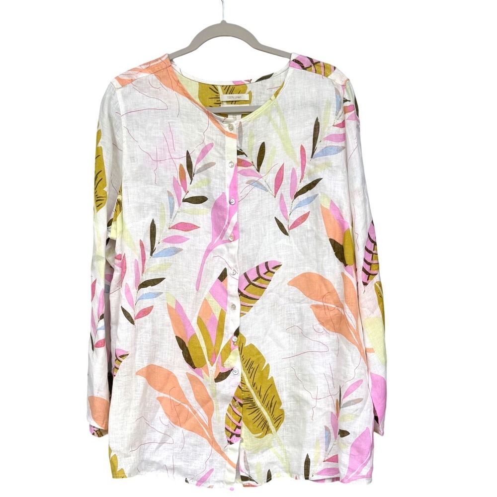 Cynthia Rowley 1X Linen Tropical Botanical Button Down Tunic Blouse pastel